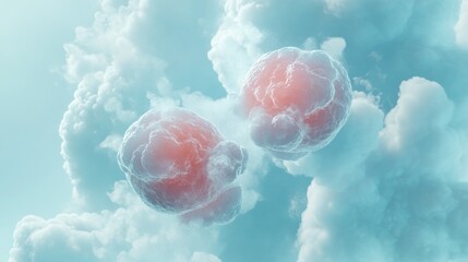 Two cells joined together, symbolizing cell fusion in the process of elimination. The background is light blue with a subtle cloud pattern to emphasize the medical theme