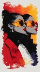 Two women sport bold sunglasses, exuding confidence and elegance. Their striking features are complemented by colorful hues in the background, creating an artistic atmosphere that celebrates modern fa