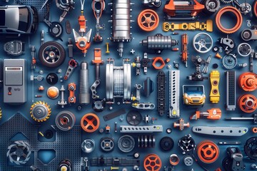 Leinwandbilder - Workers engage in the assembly of various car parts and components in a bustling factory, ensuring efficient production. Generative AI
