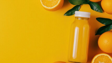 Wall Mural - Refreshing citrus arrangement with oranges and juice bottle for spring themes