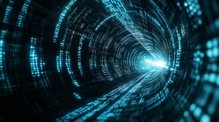 A glowing blue tunnel of digital code leading to a bright light.