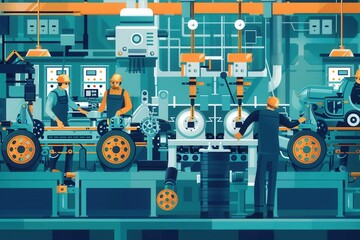Aufkleber - In a busy manufacturing facility, workers assemble car components using advanced machinery and tools under bright, industrial lighting. Generative AI