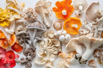 A vibrant assortment of colorful mushrooms displayed artistically on a surface, showcasing various shapes and textures.