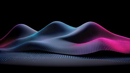 Wall Mural - abstract 3d digital wavy surface with glowing dots in pink and blue on black background