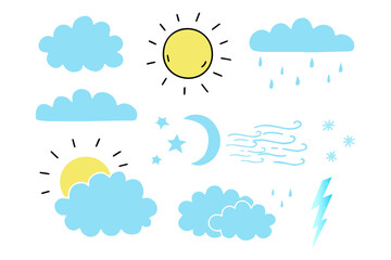 flat cloud. simple cloudy shapes. cartoon white puffy, fluffy and cumulus clouds in blue sky. abstra