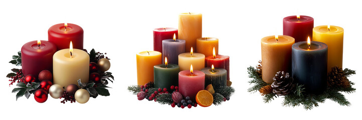 Wall Mural - Burning candles with Christmas decorations isolated on transparent PNG background image perfect for holiday-themed illustrations or seasonal decor