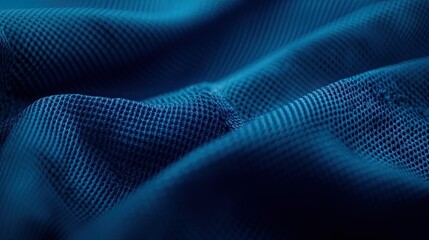Close-up of a blue football jersey fabric with breathable texture, showing detailed stitching under soft lighting.