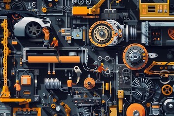 Poster - A team of workers operates machinery to manufacture various components for vehicles in a sophisticated workshop setting. Generative AI