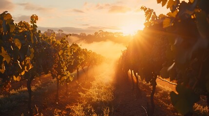 Poster - Serene Vineyard Sunrise with Mist and Golden Light Touching the Grapevines