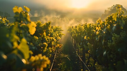 Poster - Serene Vineyard Landscape at Sunrise with Mist and Golden Light