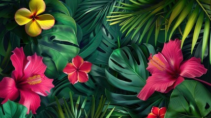 Canvas Print - Large tropical leaves and vibrant flowers create a stunning display in a sunny garden, showcasing lush greenery and bright colors. Generative AI