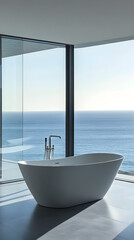 Elegant freestanding bathtub in a minimalist bathroom with a panoramic ocean view and natural light enhancing the serene atmosphere