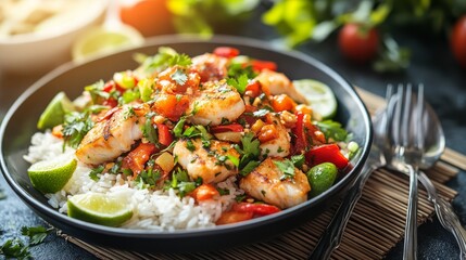 A plate of fish and rice with red peppers, tomatoes, and cilantro.