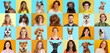 © Lustre Art Group  - Collage made of portraits purebred dogs and people, seamlessly look alike posing against blue-yellow backgrounds. Concept of people and their pets, veterinary, friendship. Ad