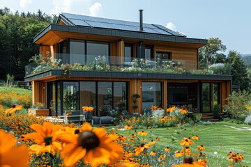 Modern eco-friendly house with solar panels, garden, and wood burning stove on a sunny summer day