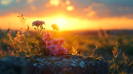 Canvas Print - Tranquil Sunset Illuminates a Flower Adorned Grave Symbolizing Remembrance and the Passage of Time