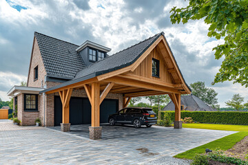 Modern carport with wooden roof and suv parked in front of brick house