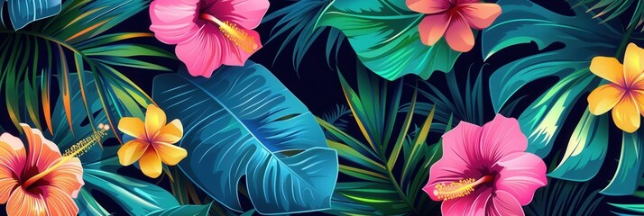 Wall Mural - Bright tropical leaves and stunning colorful flowers create a lush garden atmosphere, showcasing nature's vibrant beauty in daylight. Generative AI