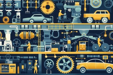 Poster - Skilled workers operate machinery to manufacture various car parts and components in a busy automotive production environment. Generative AI