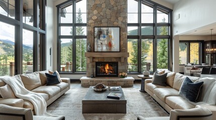 Wall Mural - Cozy living room in a Vail, Colorado home featuring a stone fireplace, large windows, and decorative accents in architectural photography.