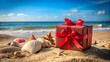 © Kukar Studio - A Gift Box Wrapped in Crimson Ribbon Rests on a Sandy Shore With Seashells Scattered Nearby, A Symphony of Colors Under A Vivid Blue Sky