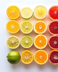 Sticker - Vibrant Gradient of Sliced Citrus Fruits Arranged in Pattern Against Clean White Background