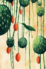 Abstract Painting with Green Fruit  Vines  and Bird