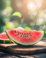 Sticker - Refreshing Watermelon Slice on Wooden Board with Sunlit Pattern