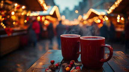 mulled wine cups on a christmas market