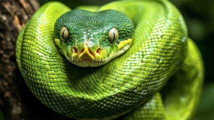 A close-up of a green tree python coiled around a branch, its scales glistening in the sunlight, eyes focused and alert.