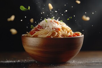 Wall Mural - Pasta with parmesan and tomato sauce in a wooden bowl. floating Homemade Italian spaghetti - levitation photography - generative ai