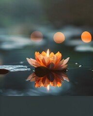 Canvas Print - Serene Lotus Flower Candle Floating on Tranquil Pond Reflecting Peaceful Atmosphere