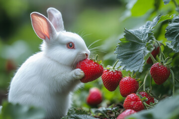 White bunny happily munching on a ripe red strawberry in the garden