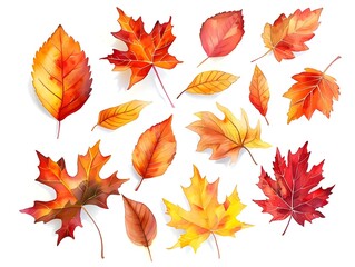 Sticker - Vibrant Watercolor Autumn Leaves Scattered in Warm Colors on a Clean White Background