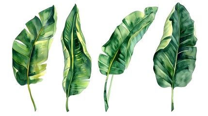 Wall Mural - Elegant Watercolor Banana Leaves Creating Soothing Tropical Atmosphere on White Background