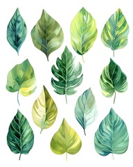 Sticker - Vibrant Watercolor Tropical Green Leaf Pattern on White Background