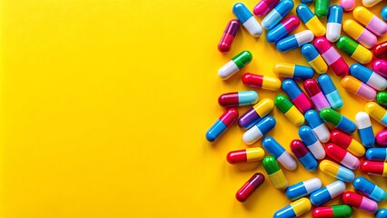 Vibrant capsules cascading across a bright yellow backdrop, a playful juxtaposition of color and medicine