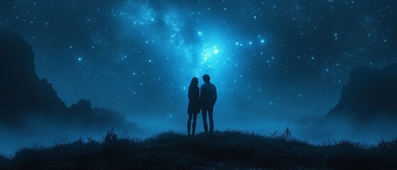 Couple holding hands, silhouetted against a starry sky and Milky Way, symbolizing love and unity.