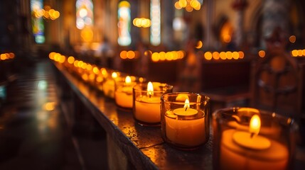 Canvas Print - Flickering Flames of Faith   A Row of Glowing Prayer Candles in a Dimly Lit Church