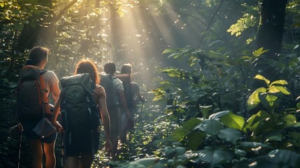 Wall Mural - Friends Embarking on an Exhilarating Forest Adventure with Captivating Sunlight Ambiance