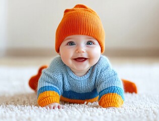 Photo of a happy, smiling baby wearing a colorful sweater and an orange hat, sitting on a white background