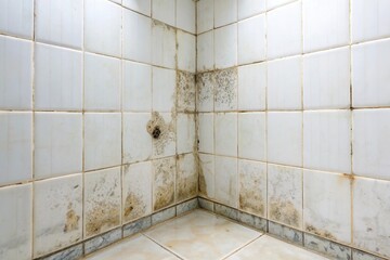 Mold growing on shower grouted joints tile and ceramic wall in bathroom corner