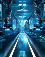 Poster - Futuristic Factory with Robotic Arms Assembling Products on Conveyor Belt in Cool Blue and Silver Lighting