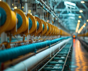 Wall Mural - Spinning Cotton Into Thread Textile Factory With Rows of Machinery and Production Process