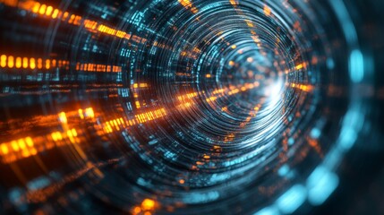 Abstract Digital Tunnel with Glowing Orange and Blue Lines