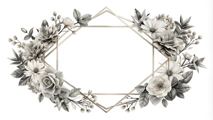 Monochromatic floral frame overlay with geometric shape on white background, bird eye view