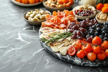 Wall Mural - Snacks for catering on a decorative stone background - generative ai