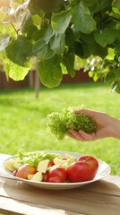 Fresh lettuce being harvested in a sunny garden, with a vibrant salad on the table, highlighting the essence of healthy eating.