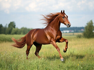 brown horse with a magnificent mane galloping across the field