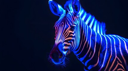 Glowing Neon Zebra with Striking Blue and White Stripes on Dark Background